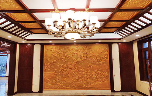 路南中式别墅客厅中式木作横梁吊顶装饰展示